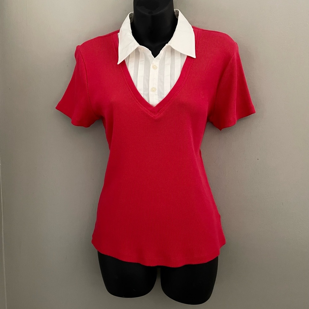 Ralph Lauren Red Ribbed Cotton Collared Shirt